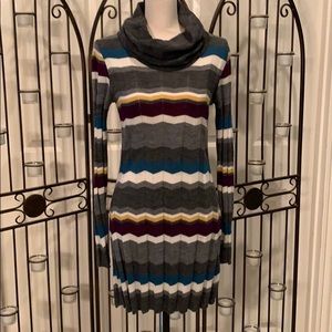 Grey with multi-colored strips Tunic knit sweater
